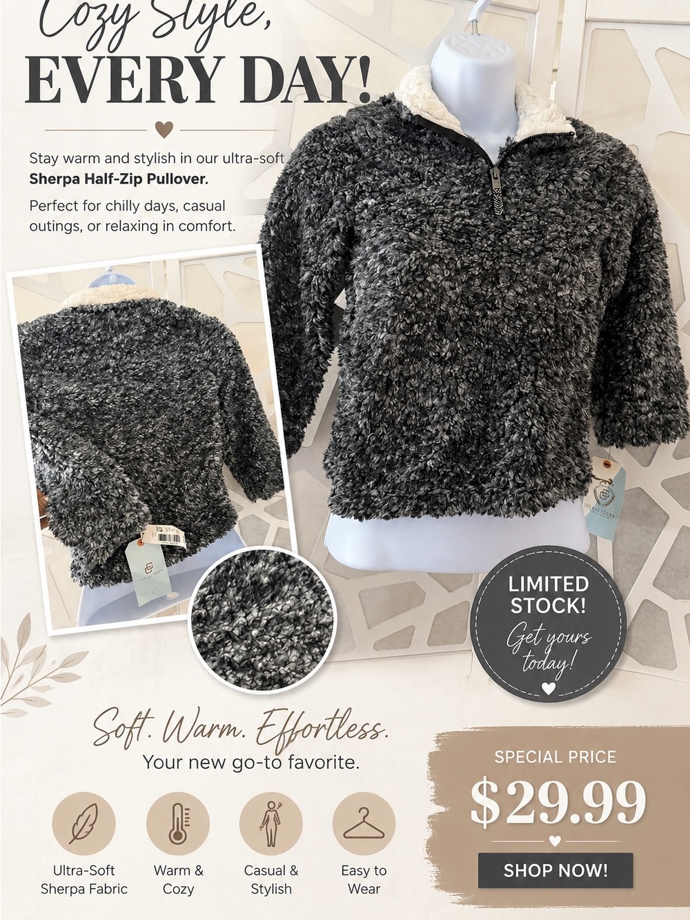 Class Club Sherpa Half-Zip Pullover in Charcoal